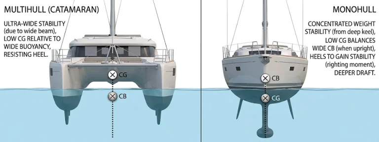 Diagram comparing a two-hull catamaran to a single-hull monohull boat