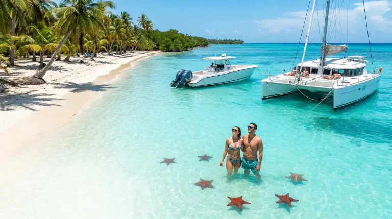 Charter catamaran floating in shallow turquoise water with guests standing waist-deep water