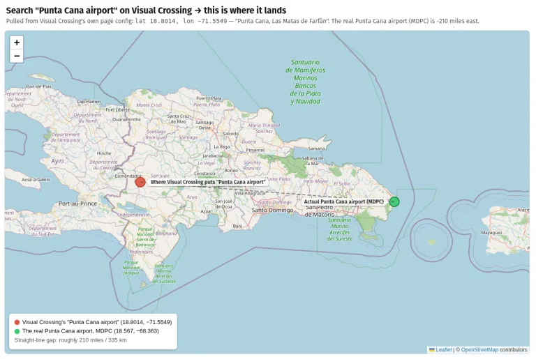 Visual Crossing's "Location and station map" for a "Punta Cana airport" query — the red dot sits near San Juan de la Maguana in the western interior, roughly 220 miles from the real Punta Cana and closer to Haiti.